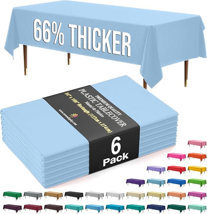 Party Solids 66% Thicker Premium Plastic Table Cloth Rectangle Table Cover 0.5 Mil 6 Pack Light Blue Table Cloth 54 Inch x 108 Inch Disposable Tablecloth Won't Tear Easily Like Cheap Thin Brands