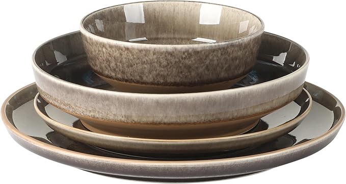 Gibson Elite Hailstone 16 Piece Stoneware Reactive Glaze (Service for 4) Ceramic Plates and Bowls Dinnerware Set - Black