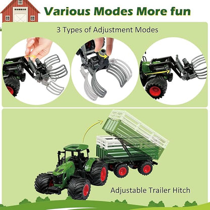 Farm Tractor Playset, 62 Pcs Farm Toy Set for Kids with 1/24 Tractor, Dumpable Traile, Bale Grapple, Big Barn, Farm Life Accessories, Map - Toys for 3+ Year Old Boys Girls