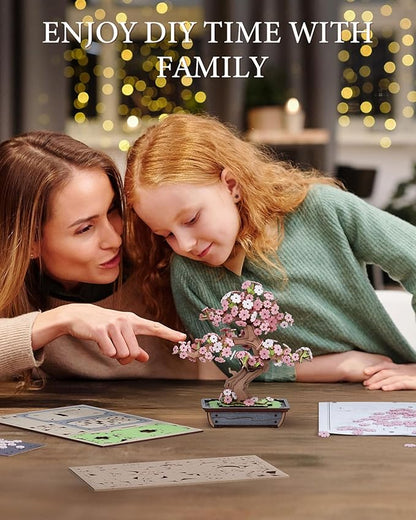 ROBOTIME Sakura Bonsai 3D Puzzles Wooden Artificial Cherry Blossom Tree DIY Model Building Kit for Home Decoration and Office Art Creative Gifts