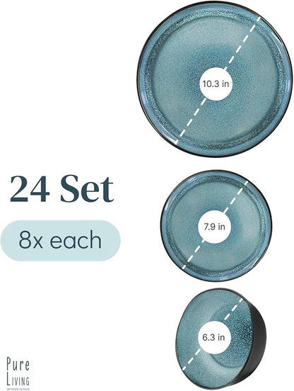 24 Piece Dinnerware Sets for 8 - Modern Style Stoneware Dinnerware Set - Scratch Resistant, Dishwasher Safe Plates and Bowls Sets Ceramic, Dish Set, Bowl and Plate Set - Black and Petrol Blue…