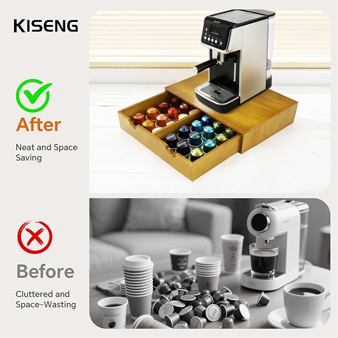 Coffee Pod 15" X 11" X 3" Natural Wood Countertop Organizer Drawer, Counter Top