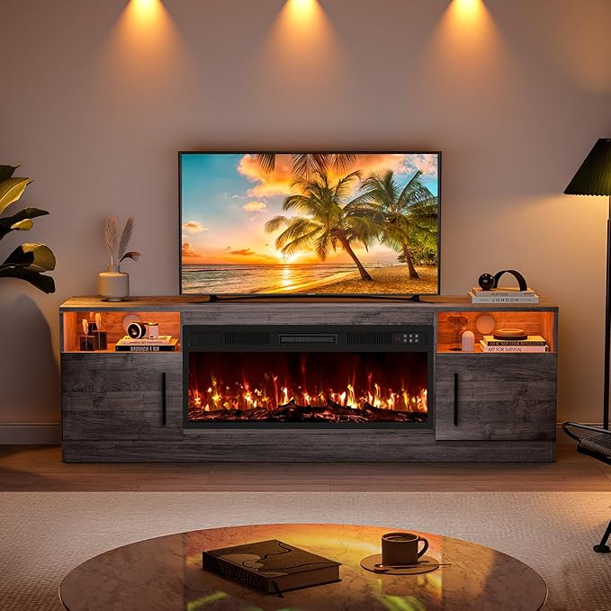 VITESSE TV Stand with 36" inch Electric Fireplace Up to 80" TVs, LED Light