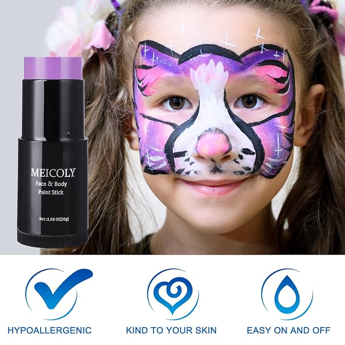 MEICOLY Light Purple Face Body Paint Stick(1.06 Oz),Cream Lavender Periwinkle Body Paint ,Sweatproof Waterproof Purple Eye Black for Sports,Violet Lilac Face Paint for Halloween SFX Ursula Cosplay