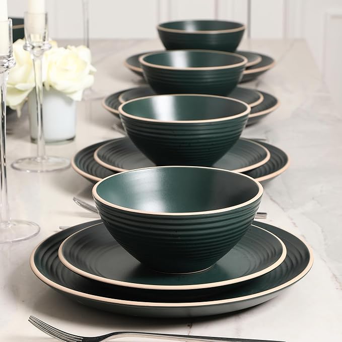 Stone Lain Lauren Modern Stoneware 16-piece Round Dinnerware Set, Plates and Bowls Set, Dish set for 4, Dark Green