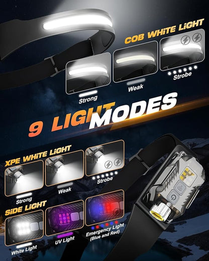 Victoper Rechargeable Headlamp 2Pack, Detachable 230° Wide Beam LED 2in1 Head Lamp with Motion Sensor, Hard Hat Headlight for Adults, 9 Modes Head Lights for Running Hunting Camping Essentials Gear