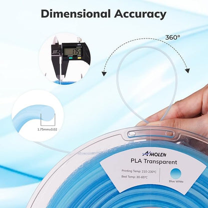 AMOLEN PLA 3D Printer Filament, Clear PLA Filament 1.75mm Transparent Blue White, with Light Transmission Feature, Compatible with Most FDM Printer, PLA Transparent, 1KG/2.2lb