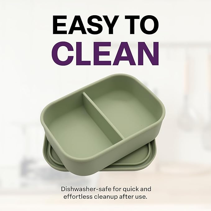 Silicone Bento Box, 2 Compartments, BPA-Free, Leak-Resistant, Dishwasher and Microwave Safe, Perfect for Work, Travel & Meal Prep, (Green)
