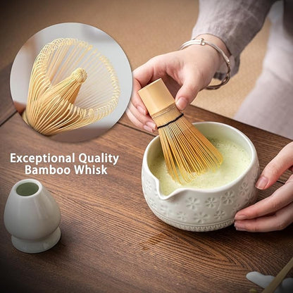 Matcha Whisk Set, Ceramic Matcha Kit Set Includes Matcha Bowl, Matcha Whisk and Holder, Bamboo Scoop, Scoop Rest, Sifter and Tea Towel - 7 Pcs Matcha Kit for Matcha Lovers (Mint)