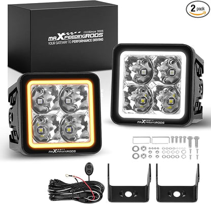maXpeedingrods 3 Inch 120W LED Pod Lights 12000LM Offroad Light with White/Amber DRL, 5 Modes LED Cube Ditch Lights with Wiring Harness, Spot Light Bar for Jeep Truck UTV ATV Pickup Motorcycle, 2 Pcs
