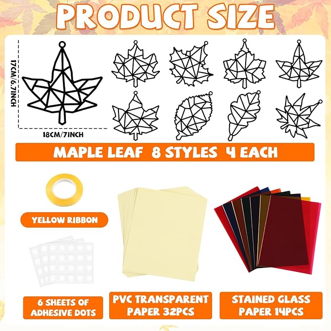 32 Sets Fall Maple Leaf Suncatchers Craft Kit DIY Window Stained Glass Effect Autumn Maple Leaf Paper Crafts Home School Classroom Decoration Kid Birthday Gift Creative Art Project Activity Game