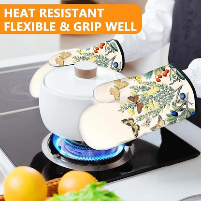 Wildflowers Butterfly Oven Mitts and Pot Holders Sets 4Pcs, Extra Long Oven