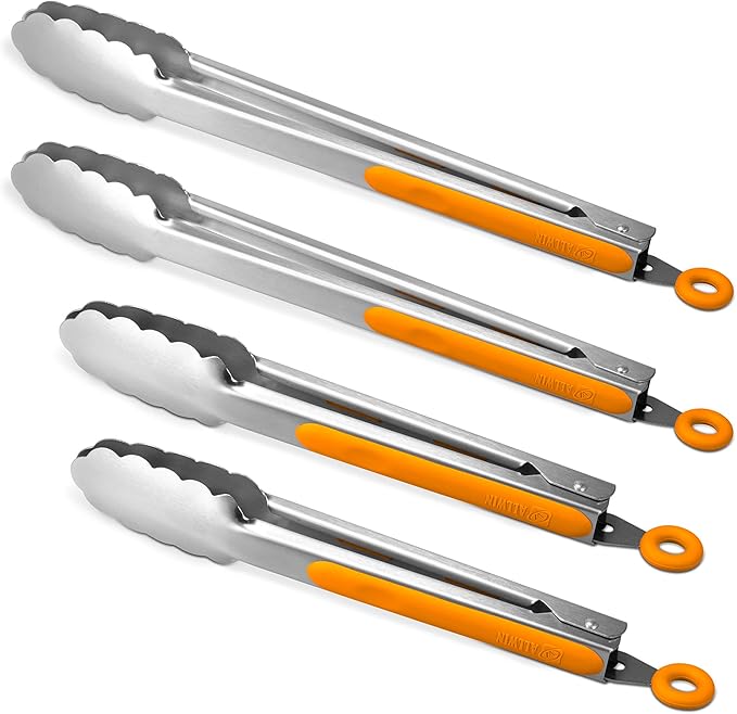 304 Stainless Steel Kitchen Cooking Tongs, 9" and 12" Set of 4 Sturdy Grilling Barbeque Brushed Locking Food Tongs with Ergonomic Grip, Orange