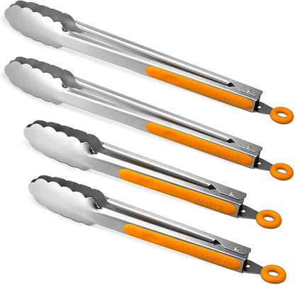 304 Stainless Steel Kitchen Cooking Tongs, 9" and 12" Set of 4 Sturdy Grilling Barbeque Brushed Locking Food Tongs with Ergonomic Grip, Orange
