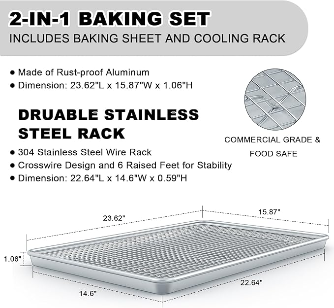 24 Inch Baking Sheet Pans with Rack Set, Natural Aluminum Cookie Sheet