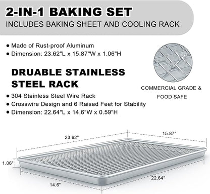 24 Inch Baking Sheet Pans with Rack Set, Natural Aluminum Cookie Sheet