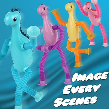4 Pcs Telescopic Suction Cup Toy, Pop Tubes Sensory Toys for Toddlers, Educational Fidget Toys Dinos Party Favors for Anxiety Kids Basket Stocking Stuffer for 3-9 Year Old Boy Girl