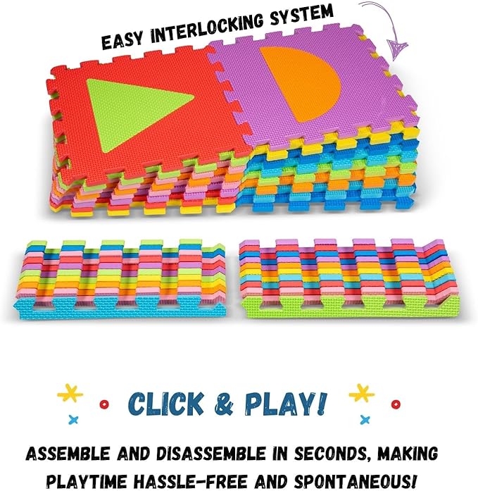 TOYVELT Foam Puzzle Floor Mat for Kids 12x12-16 Interlocking Play Mat Tiles with Color & Shapes - Educational Large Puzzle Foam Floor Tiles for Crawling, Exercise, Playroom, Play Area