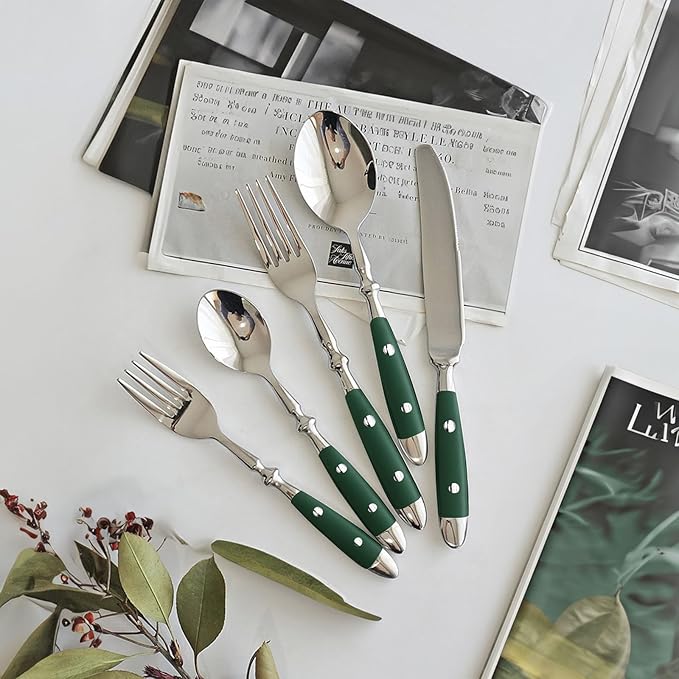 Silverware Set For 8 with Two Rivets, Vintage 40-Piece Everyday Flatware Set with Green Bakelite Handle, Stainless Steel Cutlery Set, Dishwasher Safe, Knives Spoons and Forks Set
