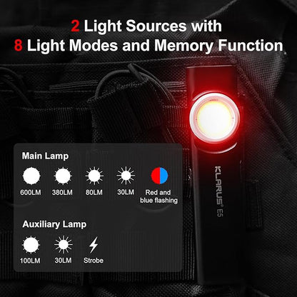 klarus E5 2Pcs Pocket Flashlight, Rechargeable EDC Flashlight, Super Slim 4.2x1x0.3inch, 600 Lumens, USB-C Port, IPX4, Dual Light Source with Magnetic Base, Hat & Clothes Clip (Black 2Pcs)