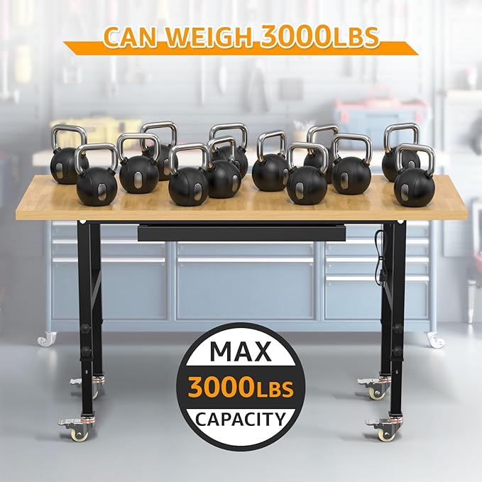 60" Adjustable Workbench,Heavy-Duty Work Table,3000 LBS Load Capacity Particleboard Hardwood Workstation Outlets with Power Strips, Drawers and Wheels,for Workshop, Garage