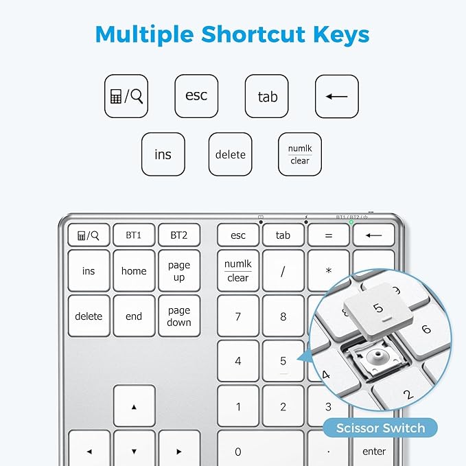 iClever KP10 Bluetooth Number Pad, Dual Device Connection, 34 Keys Ultra-Slim