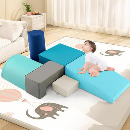 Costzon Toddler Climbing, 6 Pieces Climb and Crawl Playset with PU Cover for Baby Crawling, Climbing & Walking, Indoor Foam Climbing Blocks for Toddlers (Blue)