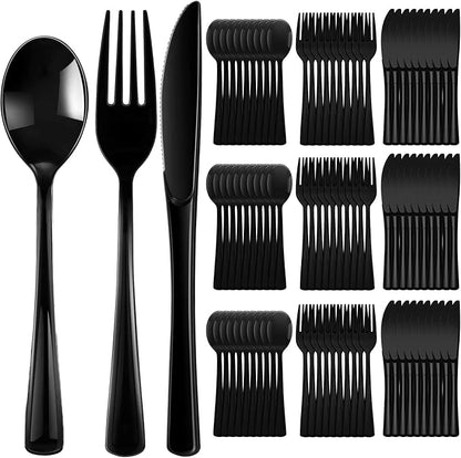 Minatee 150 Pieces Disposable Cutlery Set Plastic Silverware Heavy Duty Utensil Sets 50 Forks 50 Knives 50 Spoons for Home Office School Party Picnics Restaurant Outdoor Events(Black)