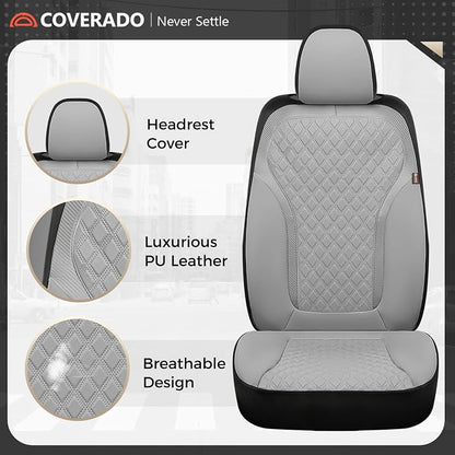 Coverado Car Seat Covers for Front Seats, Luxury Diamond Leather Car Seat Cover with Carbon Fiber Weave, Waterproof Automotive Seat Protectors 2-Pack, Driver Seat Covers Universal Fit Most Cars,Gray