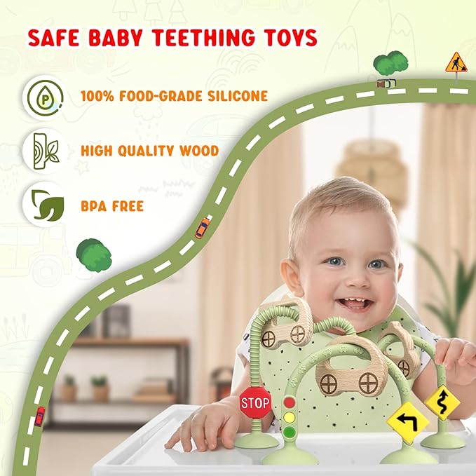 High Chair Suction Toys for Babies 6-12 Months, Suction Cup Toy for Toddlers 1-3, Baby Sensory Montessori Chew Toy for Babies 0-6 Month, Silicone Baby Teething Toys for 12-18 Months