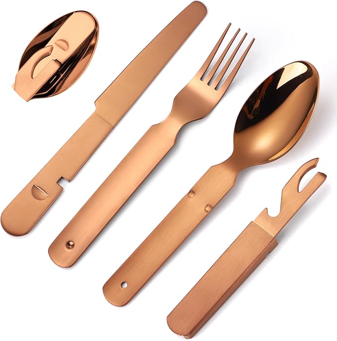 Camping Silverware Copper/Rose Gold Flatware Stainless Steel Eating Utensils Set Travel Portable Knife Fork Spoon Bottle Opener 4 Pieces Multi-functional Durable