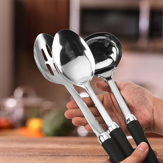 3-Piece Stainless Steel Cooking Utensils Set, Heavy Duty 18/0 14-in Large Serving Spoons Set, Slotted Spoon, Cooking Spoon & Soup Ladle, Kitchen Cooking Serving Utensils Set