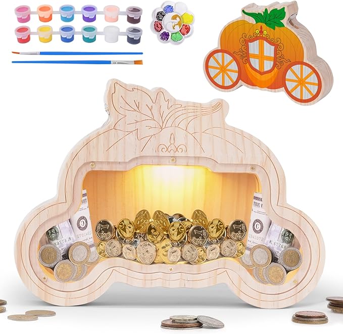 Wooden Piggy Bank for Kid, DIY Night Light Personalized Money Bank for Boy, Girls, Unbreakable Saving Box with Paintbrush and 12 Paints, Coin Jar Gifts for Kid Birthday&Decor (Carriage)