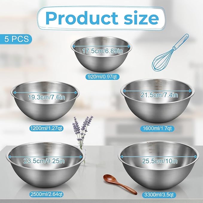 5 Pack Stainless Steel Mixing Bowls