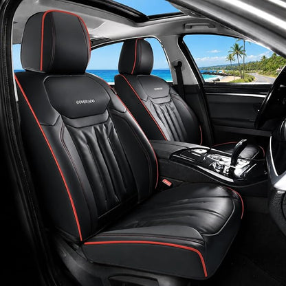 Coverado Car Seat Covers, Full Set Seat Covers for Cars 5 Seats, Car Seat Protector, Waterproof Nappa Leather Car Seat Cushion, Universal Fit for Most Cars, Black&Red Line