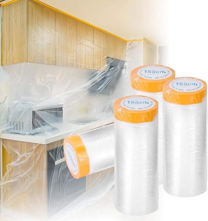 Pre-Taped Masking Film 4 Pack 59 in x 65 feet Rolls, Tape and Drape, Painters Plastic Drop Cloth for Automotive Painting Covering, House Decoration Furniture Floor Dustproof Cover