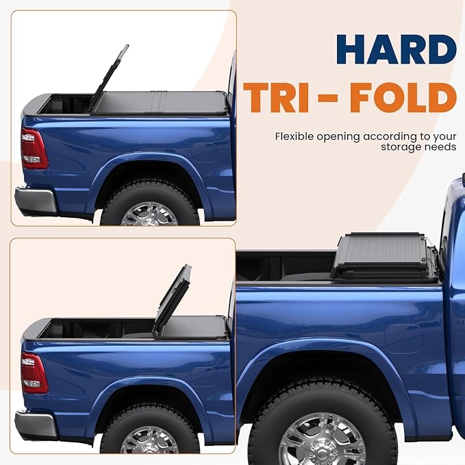 KUIPERAUTO 5.7FT Tri Hard Truck Bed Tonneau Cover Compatible for 2009-2026 Dodge Ram 1500 Inclu. Classic & New Body (w/o Ram Box) On Top 67.4 inch Aluminum Bed