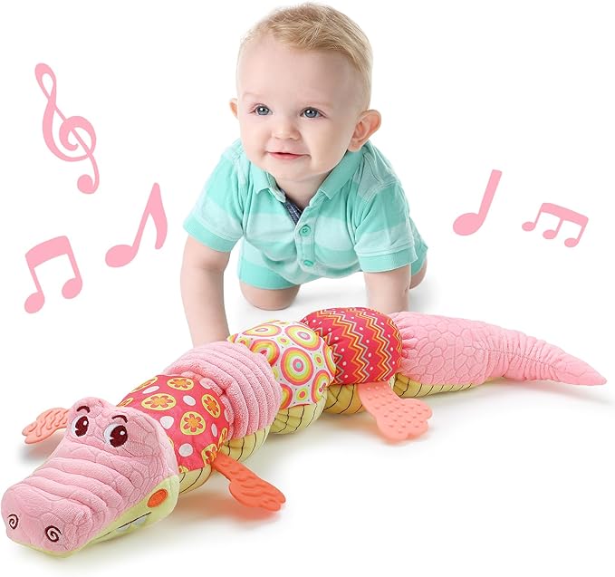 LIGHTDESIRE Baby Toys Musical Crocodile,Infant Toys Stuffed Animals Toy with Ruler Design and Ring Bell,Baby Teething Toy for Tummy Time Newborn Boys Girls 0 3 6 12 Months(Pink)