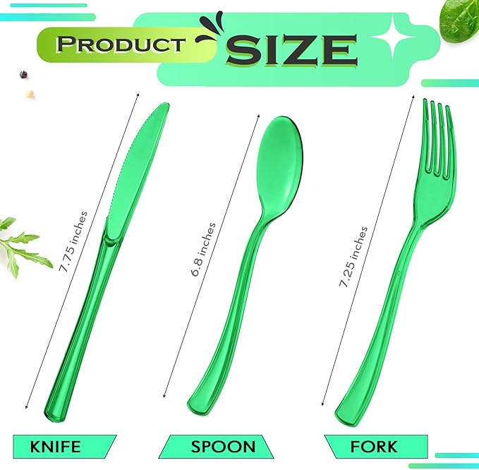Minatee 150 Pieces Disposable Cutlery Set Plastic Silverware Heavy Duty Utensil Sets 50 Forks 50 Knives 50 Spoons for Home Office School Party Picnics Restaurant Outdoor Events(Green)