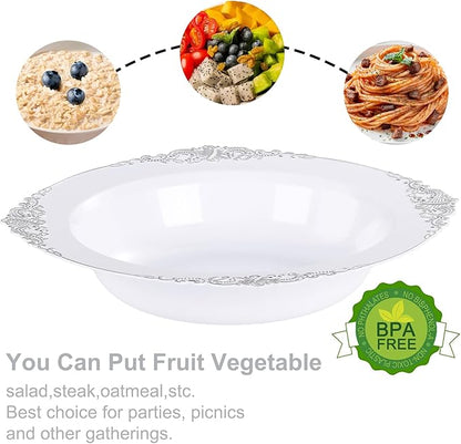 Nervure 50PCS White Plastic Bowls with Silver Rim - 12oz Disposable Soup Bowls, Heavy Duty Salad Ice Cream Bowl Perfect for Weddings, Parties and Everyday Use