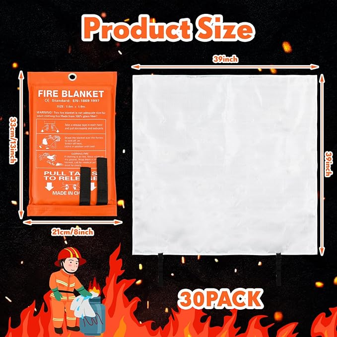 Macarrie 30 Pack 39??x 39??Fire Blanket Emergency for Home and Kitchen Safety Suppression Blanket Fiberglass Fireproof Survival for Fireplace Car Office Camping (Orange)