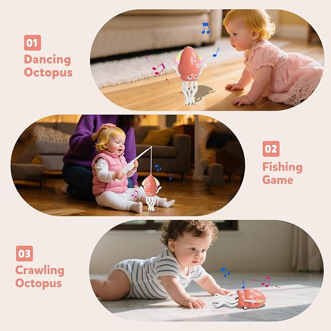 Dancing Octopus Baby Girl Toys, Pink Electric Crawling Squid Infant Tummy Time Toy with Light & Music, Interactive Sensory Toy for Toddlers & Kids (Ages 0-6+), Birthday Gift for 6 12 18 24 36+ Months