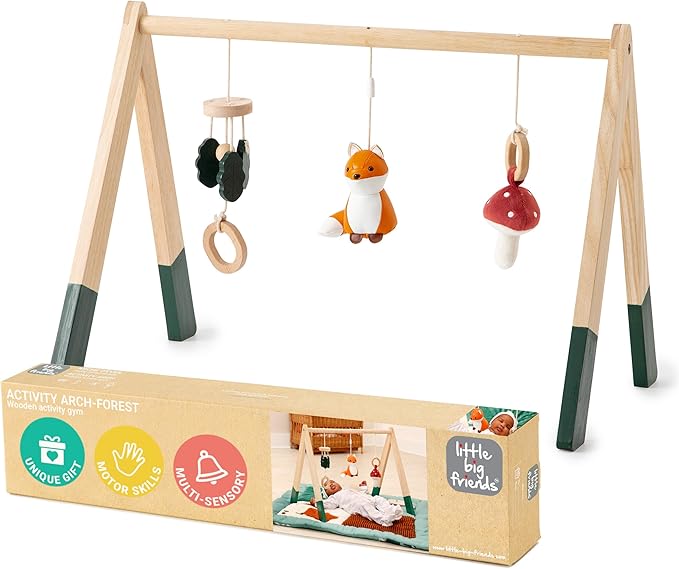 Little Big Friends Wooden Baby Activity Gym – Montessori Play Gym for Babies | Encourages Motor Skills & Sensory Development | Includes Crinkle Fabrics, Wooden Chimes & Hanging Toys – Forest