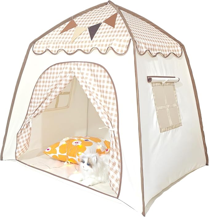 Toddler Bed Tent, Kids Play Tent with Flags, Star String, Portable Bed Canopy for Boys & Girls, Children, Indoor Outdoor Dome Playhouse, Khaki Plaid, 51" x 39" x 51"