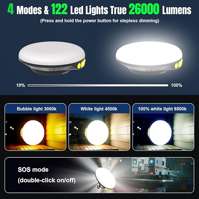 16000mAh 26000LM Solar Portable LED Camping Lantern, Rechargeable Light 150W with Magnet , Flashlight, IPX66 Waterproof Tent Lights Power Failure Emergency for Power Outages, Emergency, Tent, Outdoor