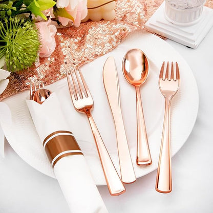 Liacere 100Pack Rose Gold Plastic Silverware - Pre Rolled Napkins with Rose Gold Cutlery - Wrapped Silverware Set Disposable100 Forks Knives Spoons Wrapped Utensils for Wedding&Christmas
