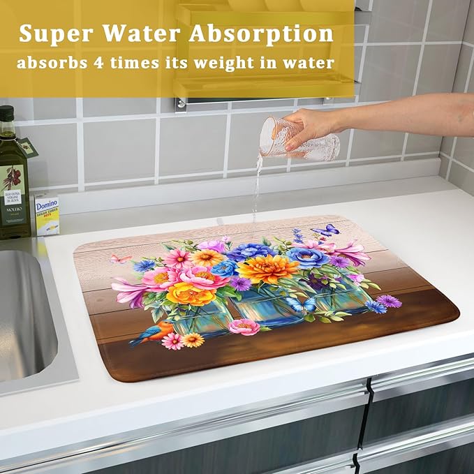 Spring Summer Flowers Dish Drying Mat