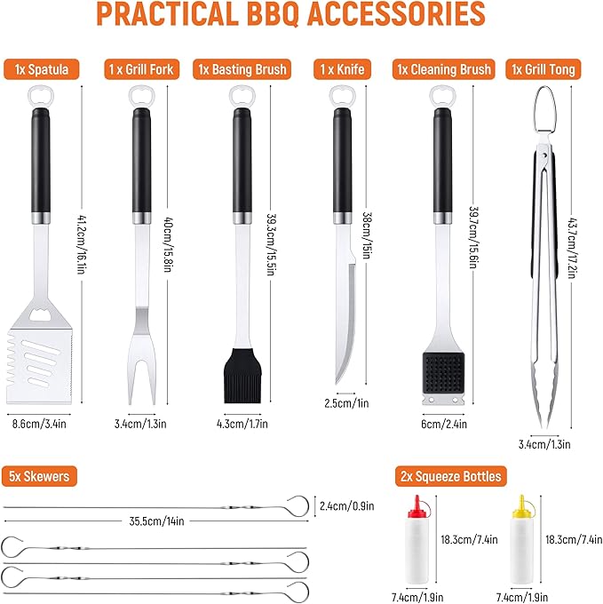 BBQ Accessories Grill Tools Set, Stainless Steel Grill Tools with 2 Squeeze Bottles, BBQ Grill Accessories Grilling Gift for Men & Women, Portable Grill Tools Utensils Kit for Camping, Kitchen