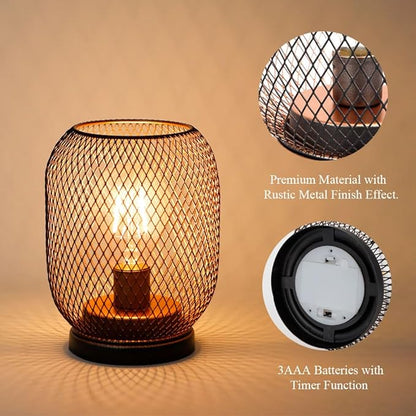 TRIROCKS Set of 2 Battery Operated Lamp LED Table Lantern, Metal Cage Cordless Lamps with LED Bulb, Oval Vintage Decorative Outdoor Lantern for Weddings, Parties, Patio, Events for Indoors Shelf