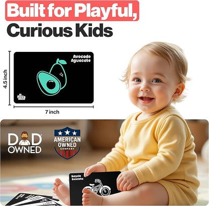 Happy Start High Contrast Baby Cards for Newborns - Black & White Cards, Water-Resistant, BPA-Free, Portable Educational Flashcards for Visual Stimulation, Award-Winning, Ages 0+ (English & Español)